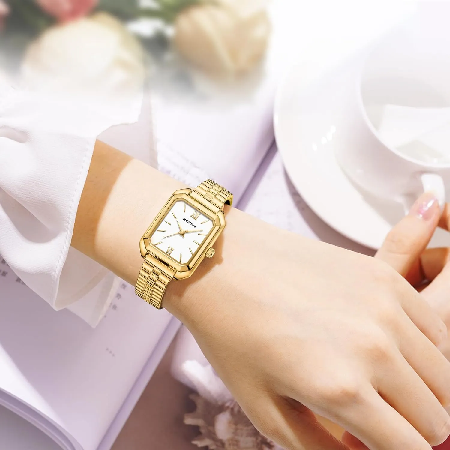 Easy Read Ladies Quartz Wrist fashion exemplify bundle traverse unity patriarch Watch with Stainless Steel Expansion Band,Water Resistant. BOFAN Square Small Gold Watches for Women 