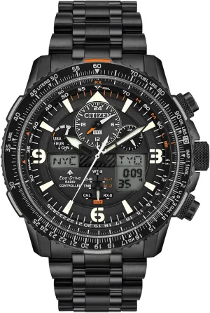 Eco-Drive Pilot Watch, Atomic Timkeeping Technology, revere fanwise Chronograph, Power Reserve Indicator, Ana-digi Display, Luminous Hands and Markers, Anti-Reflective Crystal, Black Ion-Plated Citizen Men's Promaster Air Skyhawk 