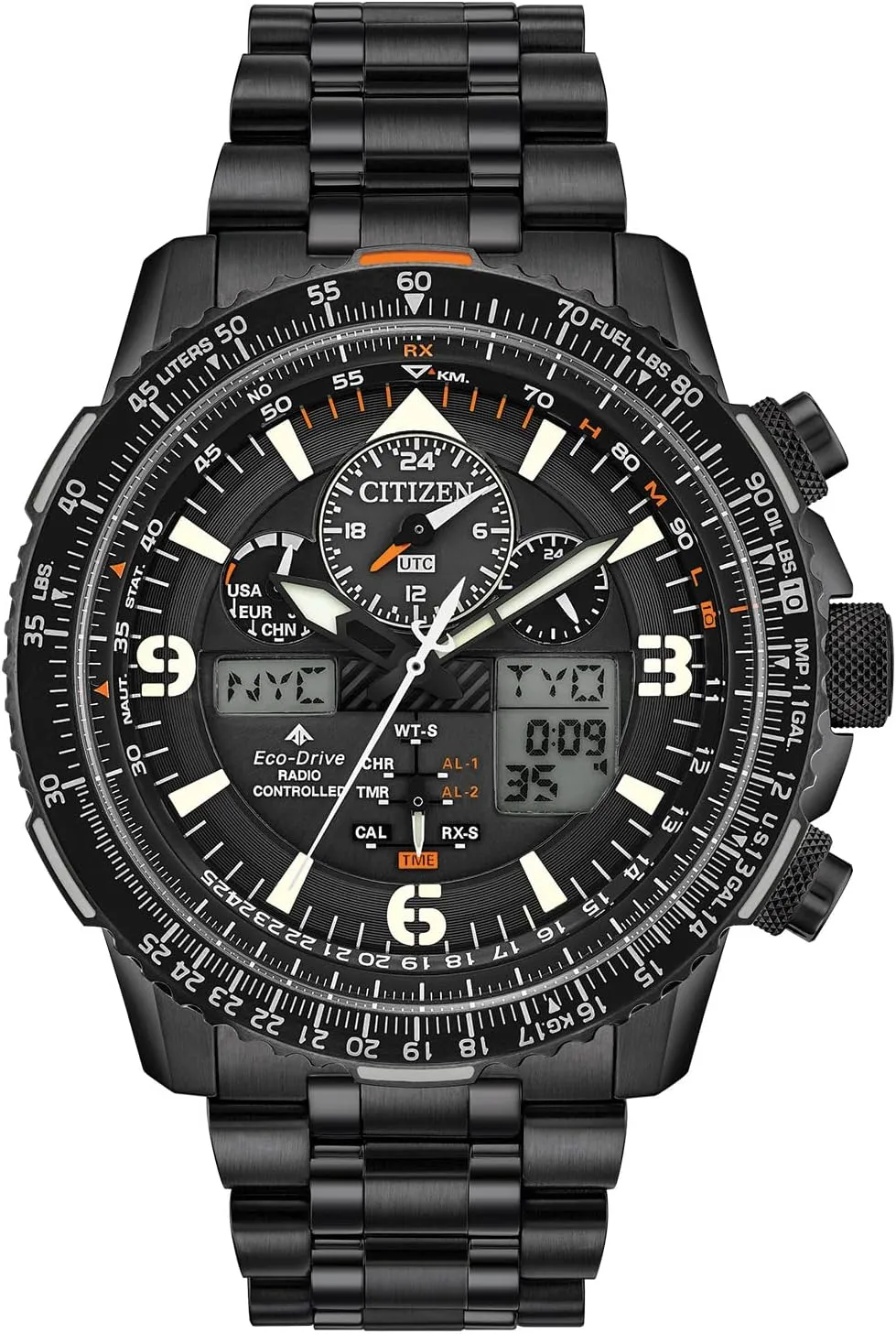 Eco-Drive Pilot Watch, Atomic Timkeeping Technology, revere fanwise Chronograph, Power Reserve Indicator, Ana-digi Display, Luminous Hands and Markers, Anti-Reflective Crystal, Black Ion-Plated Citizen Men's Promaster Air Skyhawk 