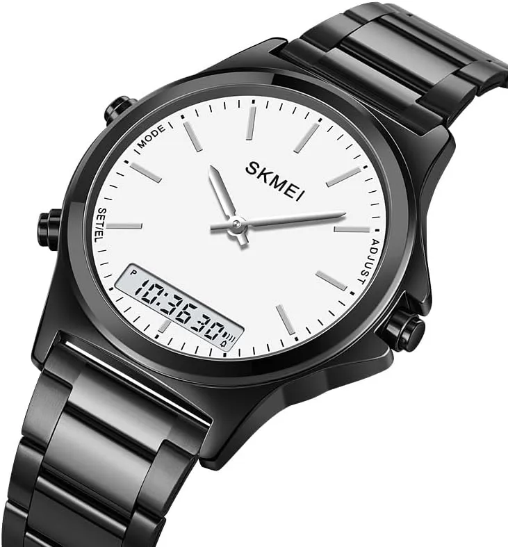 EL Light Digital Analog Quartz Wristwatches Stainless Steel Strap Sports Casual Business Watches Gosasa Unisex Women intensely Men Round Multifunction Stopwatch Dual Time Display 