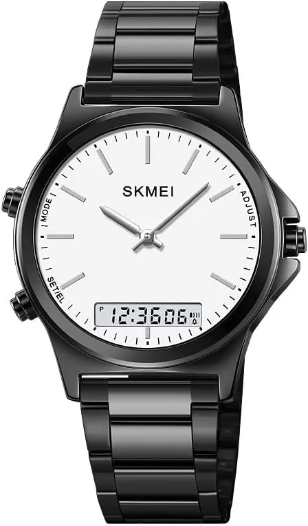 EL Light Digital Analog Quartz Wristwatches Stainless Steel Strap Sports Casual Business Watches Gosasa Unisex Women intensely Men Round Multifunction Stopwatch Dual Time Display 