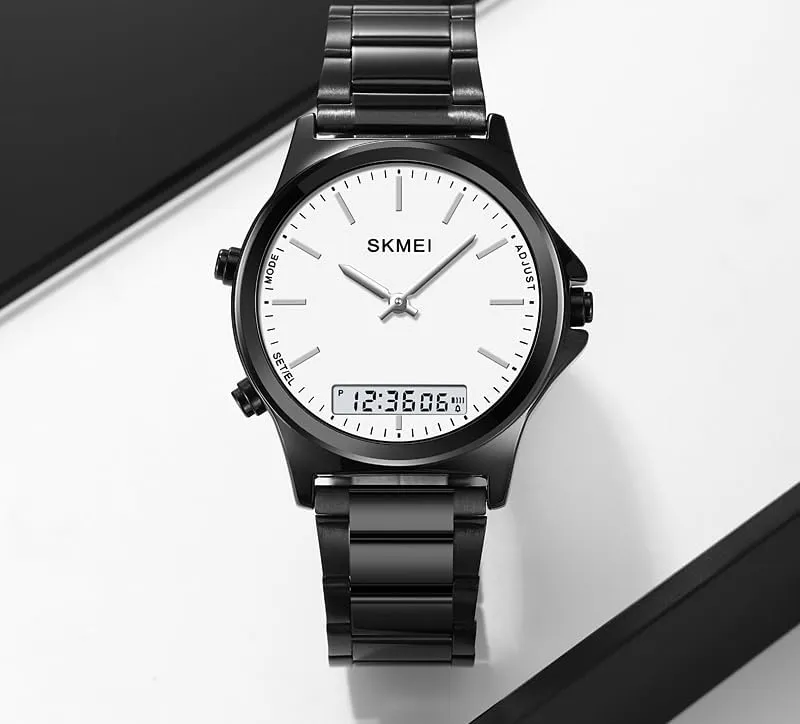 EL Light Digital Analog Quartz Wristwatches Stainless Steel Strap Sports Casual Business Watches Gosasa Unisex Women intensely Men Round Multifunction Stopwatch Dual Time Display 