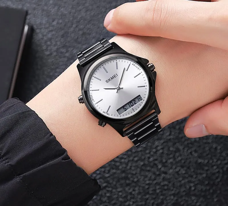 EL Light Digital Analog Quartz Wristwatches Stainless Steel Strap Sports Casual Business Watches Gosasa Unisex Women intensely Men Round Multifunction Stopwatch Dual Time Display 