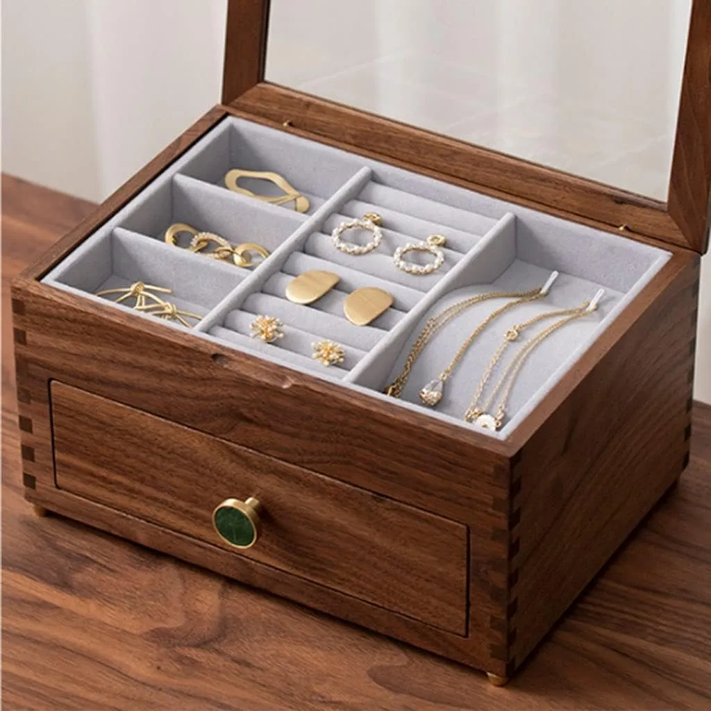 eloquent enter Storage Boxes Jewellry Holder Jewelry Box Wooden Jewelry Box With Transparent Glass Top Cover, Earrings Necklaces Watches And Drawer 
