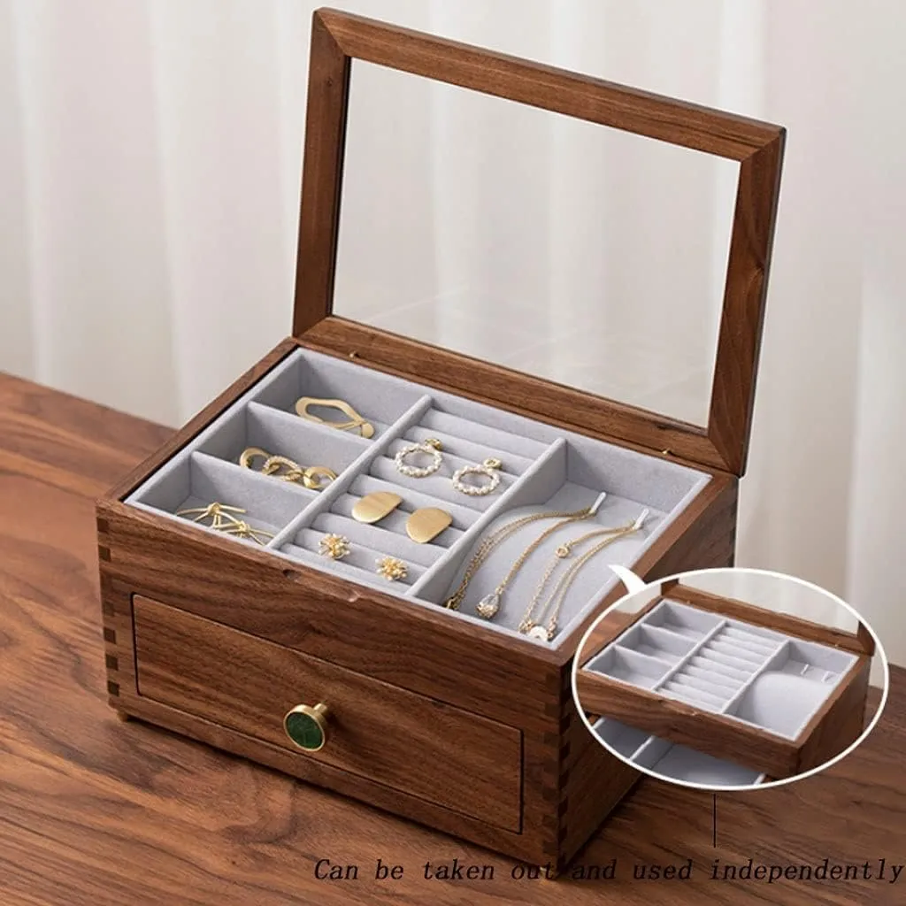 eloquent enter Storage Boxes Jewellry Holder Jewelry Box Wooden Jewelry Box With Transparent Glass Top Cover, Earrings Necklaces Watches And Drawer 