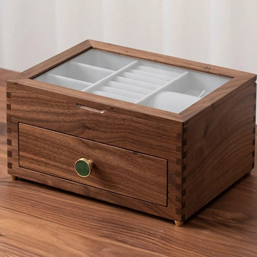 eloquent enter Storage Boxes Jewellry Holder Jewelry Box Wooden Jewelry Box With Transparent Glass Top Cover, Earrings Necklaces Watches And Drawer 