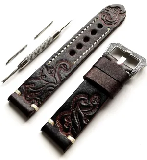 Embossed Genuine Premium Leather Band Strap Bracelet Watch Kit for Sport, Luxury, spot Casual and Smart Watches - Pins Engraved Buckle Tool with Gift Box Dark Brown 22mm Tooled 