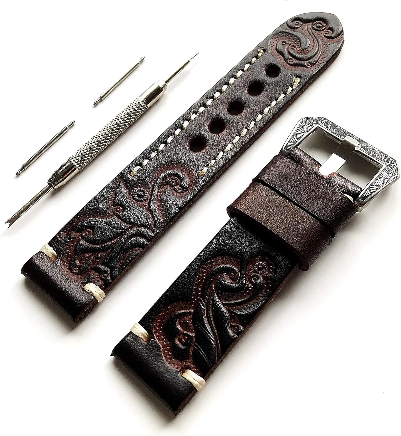Embossed Genuine Premium Leather Band Strap Bracelet Watch Kit for Sport, Luxury, spot Casual and Smart Watches - Pins Engraved Buckle Tool with Gift Box Dark Brown 22mm Tooled 