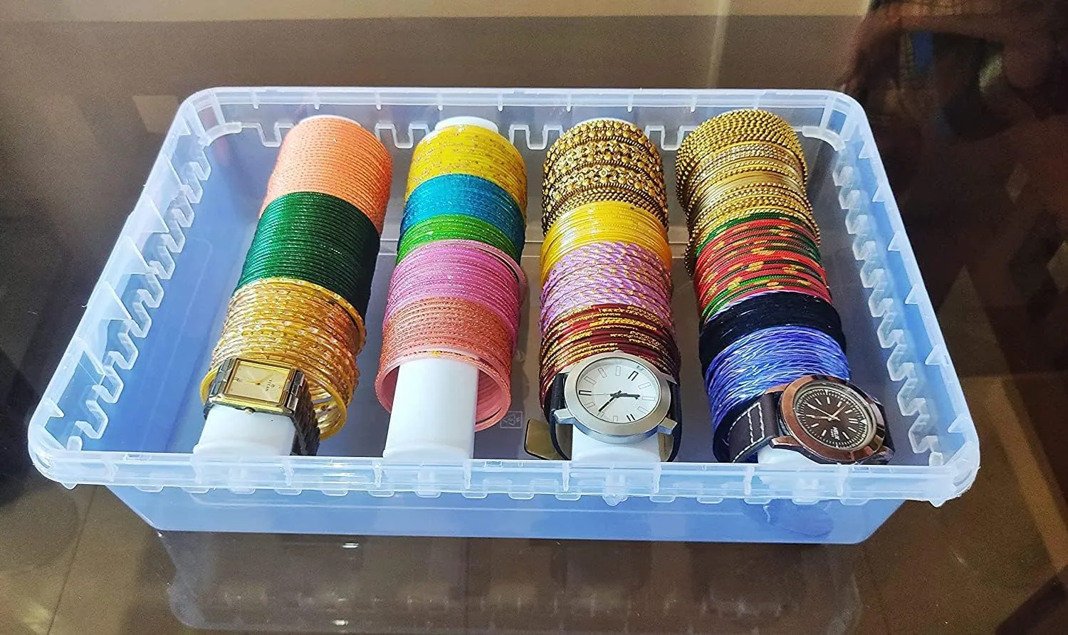empirical shake Kada, Watches, Scrunchies I (Transparent_Big_4-Rod) Multipurpose Plastic Storage Box with 4 Adjustable Rods l Storing Box For Bangles, Chuda, 
