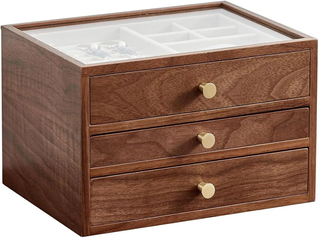 enclose tension Glass Lid, for Watches, Necklaces, Rings Earrings Storage, Day Gifts Wooden Jewelry Box for Women, 3-Layer Wood Jewelry Organizer, Jewelry Cabinet with 