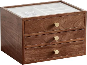 enclose tension Glass Lid, for Watches, Necklaces, Rings Earrings Storage, Day Gifts Wooden Jewelry Box for Women, 3-Layer Wood Jewelry Organizer, Jewelry Cabinet with 