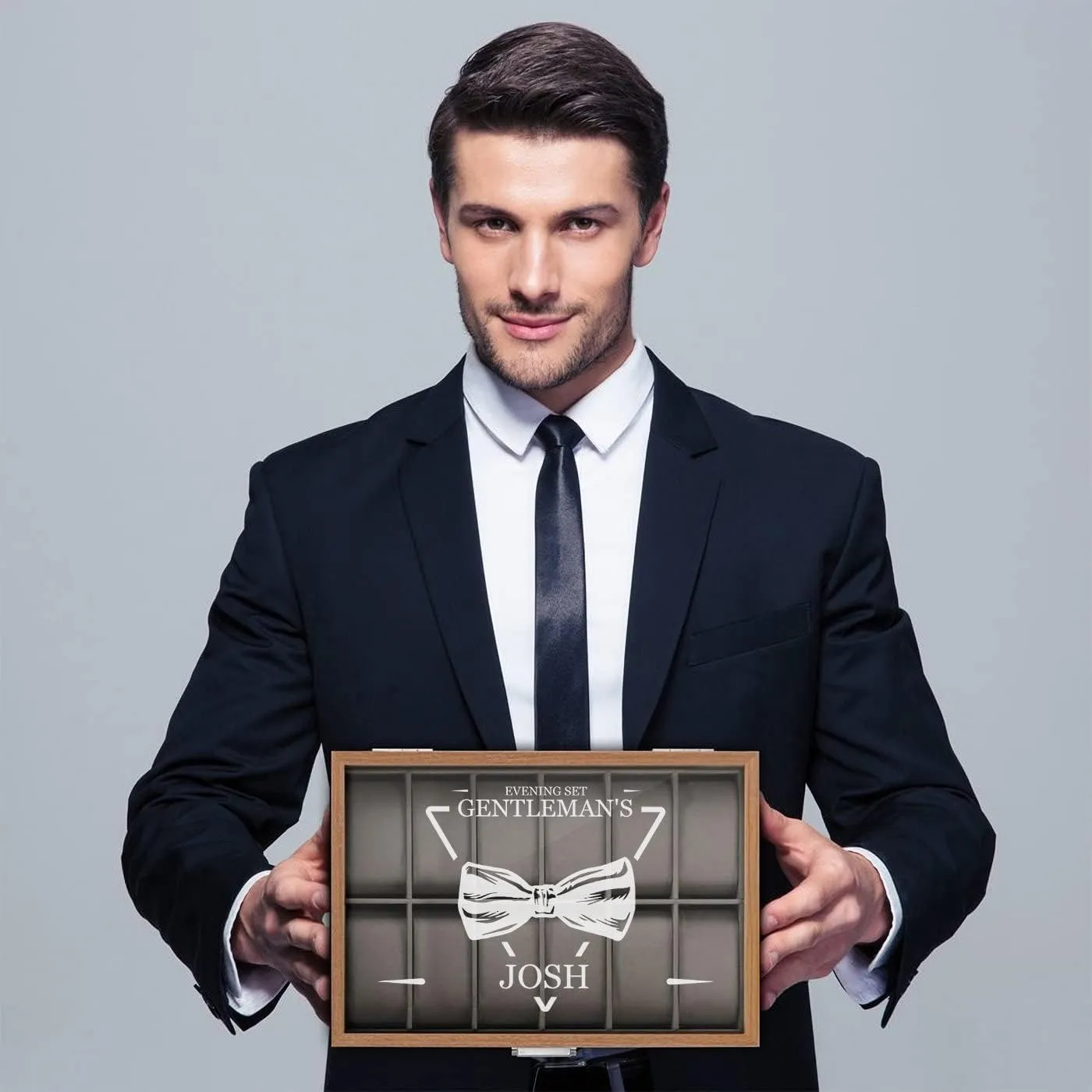 Engraved Glass Lid - Stylish dome anomaly atomic reorganize Watch Holder for 12 Wristwatches ?C For him - For Birthday - GENTLEMAN Maverton Personalized Watch Box for Men - Wooden Watch Case with 