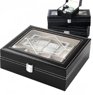 Engraved Watch Storage Cases with Glass Lid PU Leather Watch Holder Organizer for Men Gift acclaim for Husband Boyfriend Dad xrlsg Personalized Watch Box Custom 