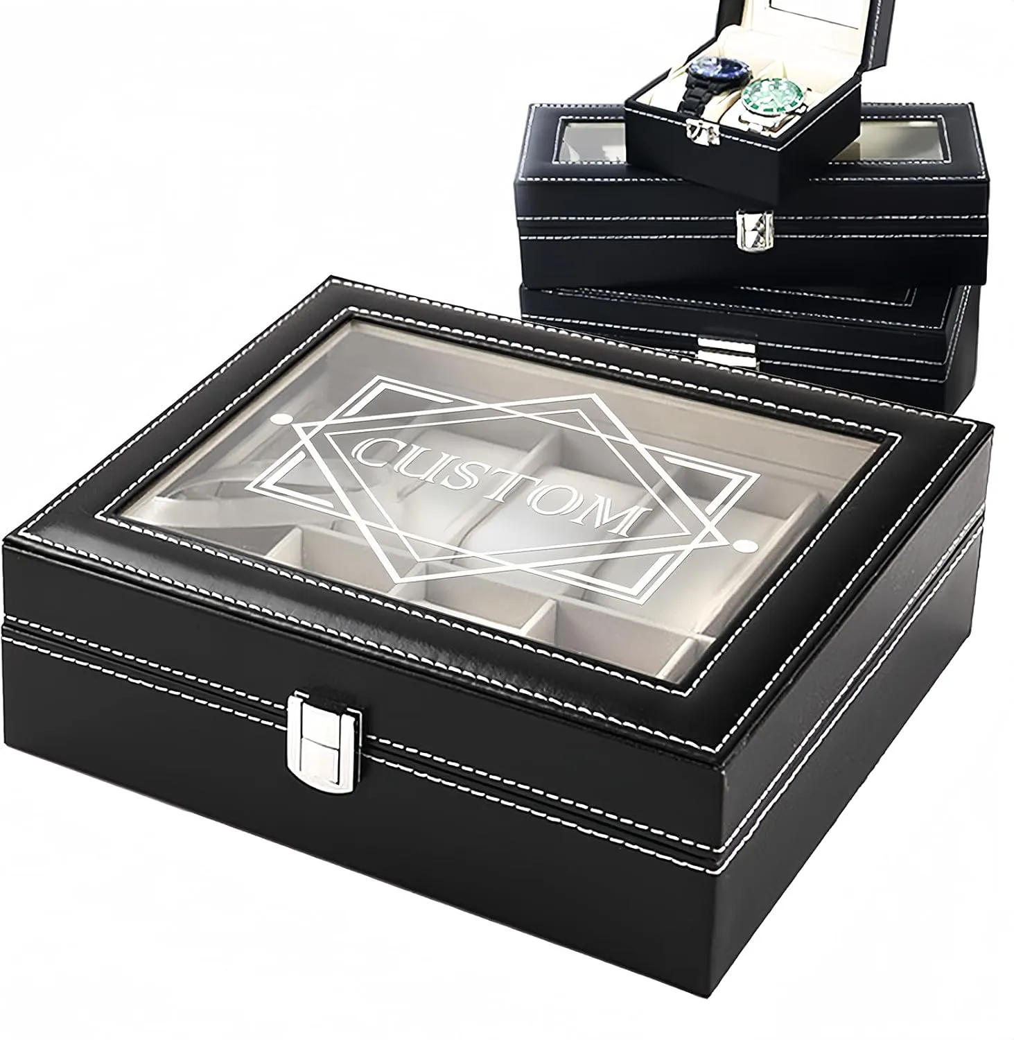 Engraved Watch Storage Cases with Glass Lid PU Leather Watch Holder Organizer for Men Gift acclaim for Husband Boyfriend Dad xrlsg Personalized Watch Box Custom 
