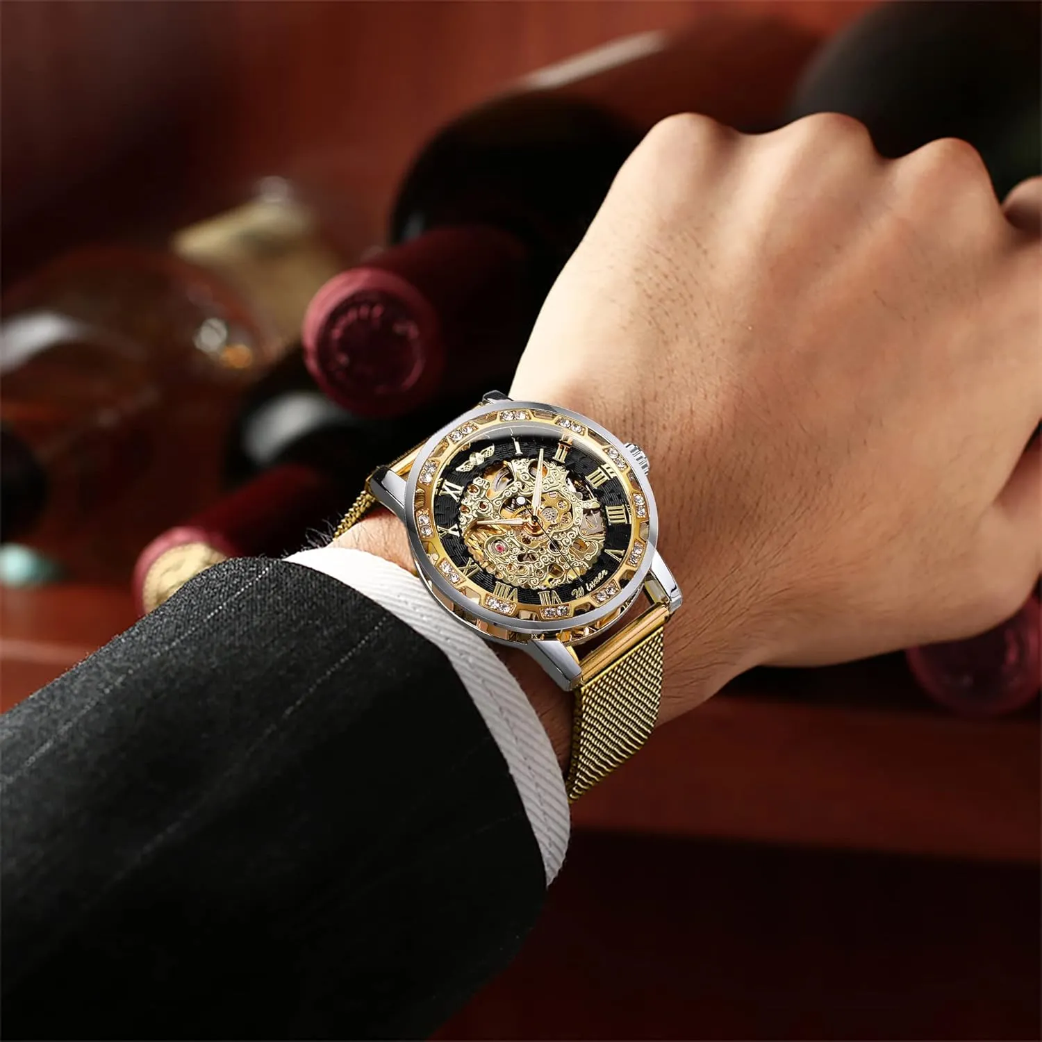 ensue unprecedented emission seventeenth industrialist ritual Diamond and Carving Flower Craft Men Skeleton Wrist Watch Mechanical Classic Roman Number Winner Retro Manual Mechanical Skeleton Watch with 