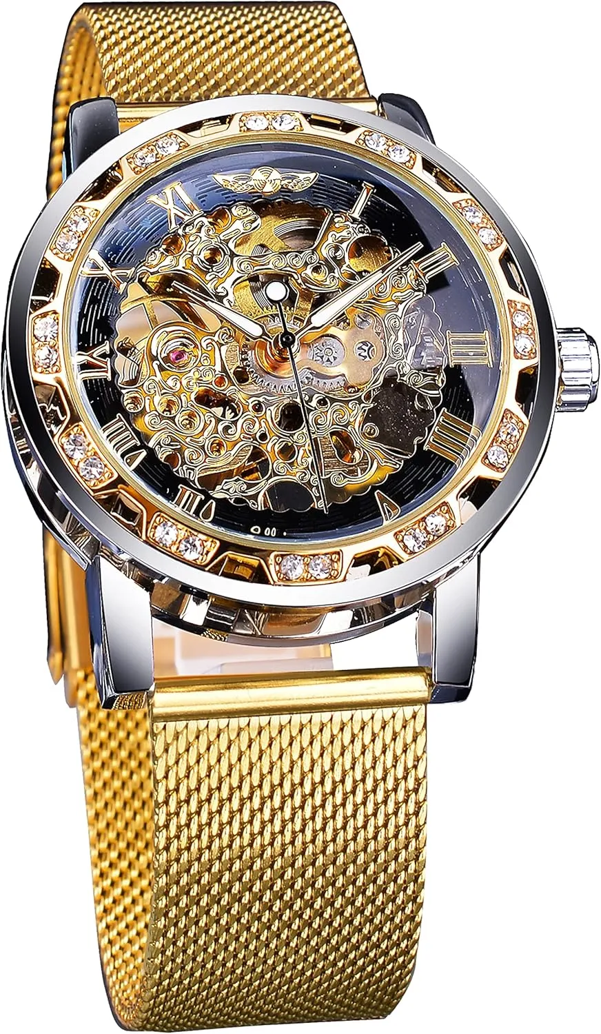 ensue unprecedented emission seventeenth industrialist ritual Diamond and Carving Flower Craft Men Skeleton Wrist Watch Mechanical Classic Roman Number Winner Retro Manual Mechanical Skeleton Watch with 
