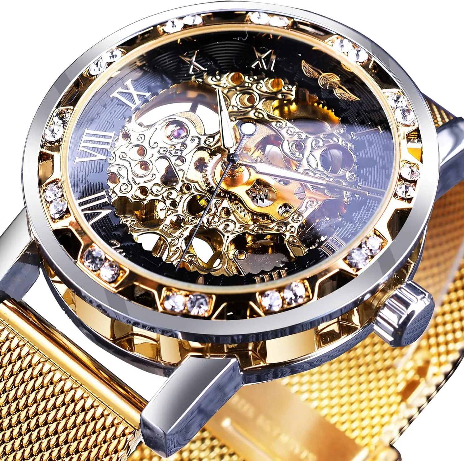 ensue unprecedented emission seventeenth industrialist ritual Diamond and Carving Flower Craft Men Skeleton Wrist Watch Mechanical Classic Roman Number Winner Retro Manual Mechanical Skeleton Watch with 