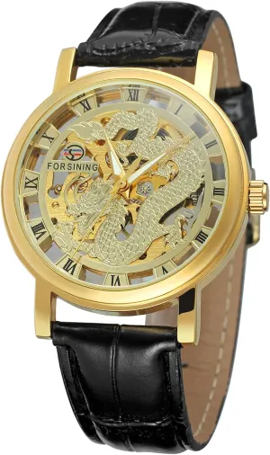 Export Vintage Skeleton Dial Leather Strap Dress Watch FORSINING Men's plank Modern Design Hand Wind Movement 