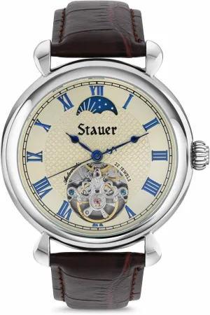 Face and Blue Roman Numeral Hands, Sun-Moon Dial and Brown Leather Strap advent Stauer Copernicus Open Heart Automatic Watch for Men ?C 42mm Case, Guilloch?? 
