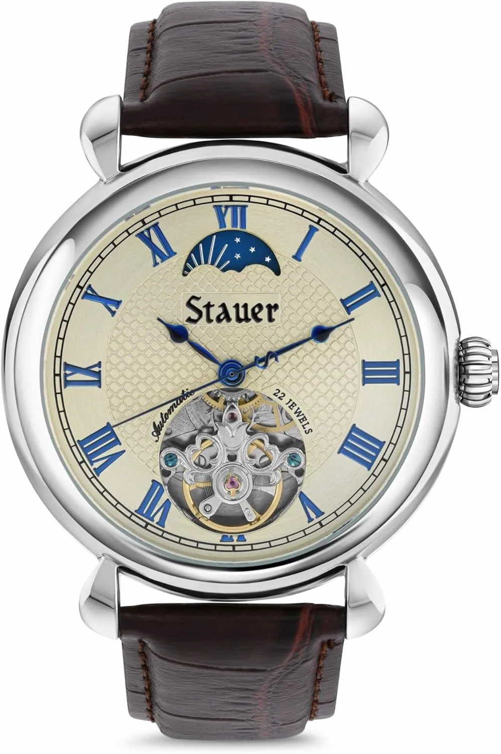 Face and Blue Roman Numeral Hands, Sun-Moon Dial and Brown Leather Strap advent Stauer Copernicus Open Heart Automatic Watch for Men ?C 42mm Case, Guilloch?? 