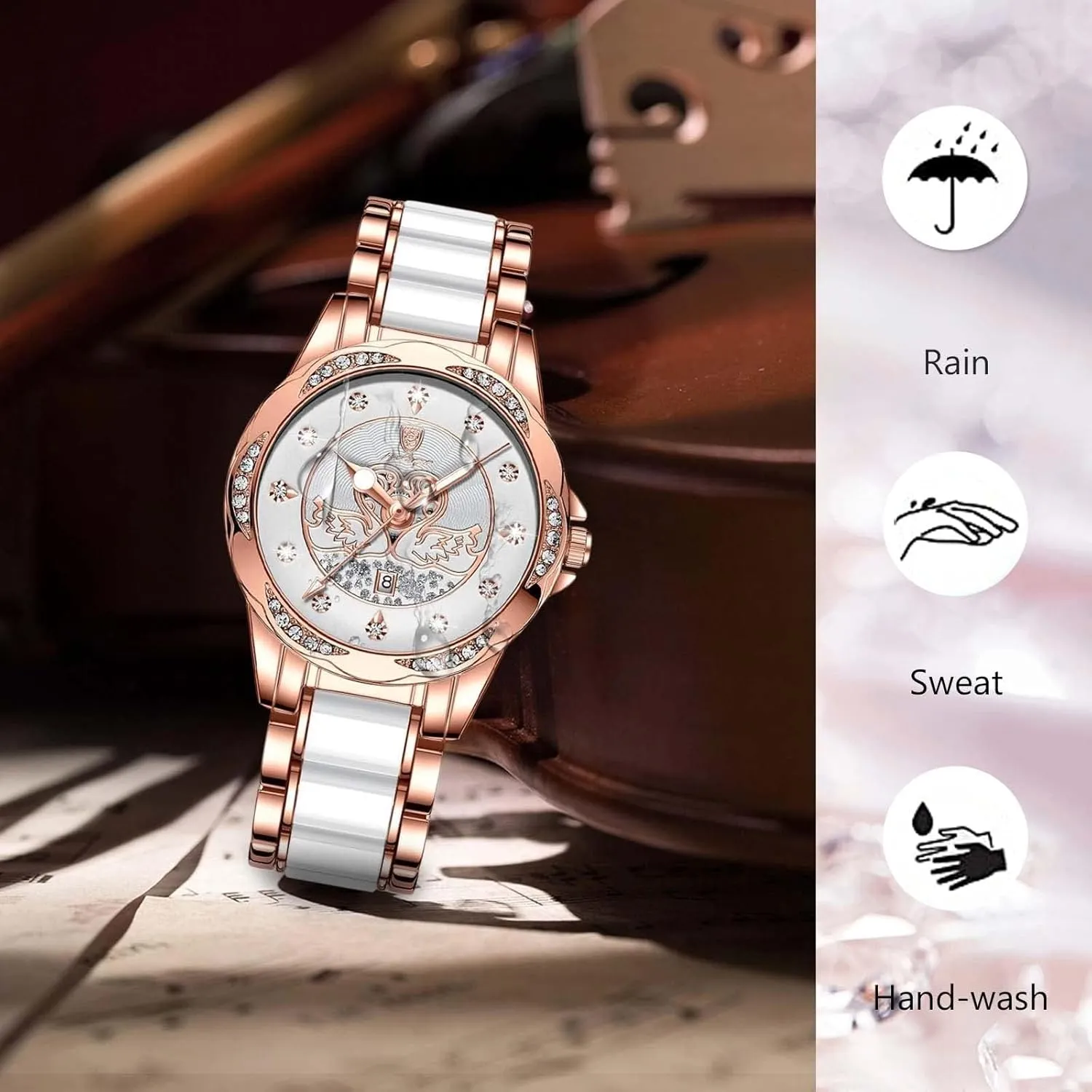 Face Diamond Accented Watches smooth anthropologically for Women Luminous Fashion Waterproof Ladies Dress Watch Two Tone Stainless Steel Bracelet Quartz MASTOP Luxury Womens Swan Watch Premium Large 
