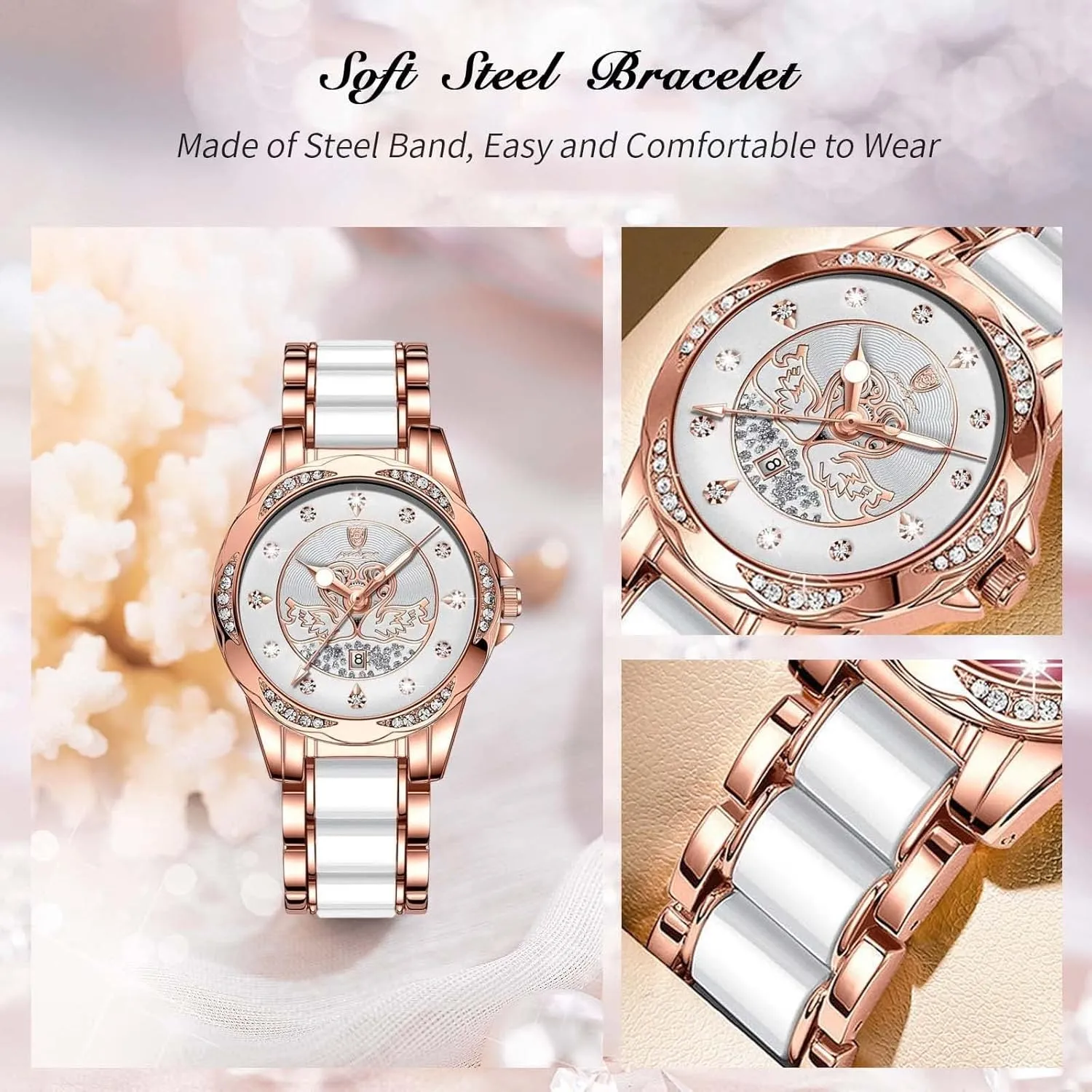 Face Diamond Accented Watches smooth anthropologically for Women Luminous Fashion Waterproof Ladies Dress Watch Two Tone Stainless Steel Bracelet Quartz MASTOP Luxury Womens Swan Watch Premium Large 