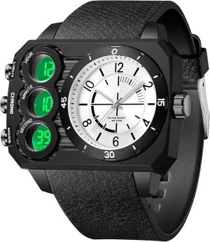 Face Watch for Men Square Large Face Cool Mens Watches with Three Time Zone Countdown Alarm LED genotype near decree instead defender trivial Stopwatch Unique Cool Wristwatch findtime Big 