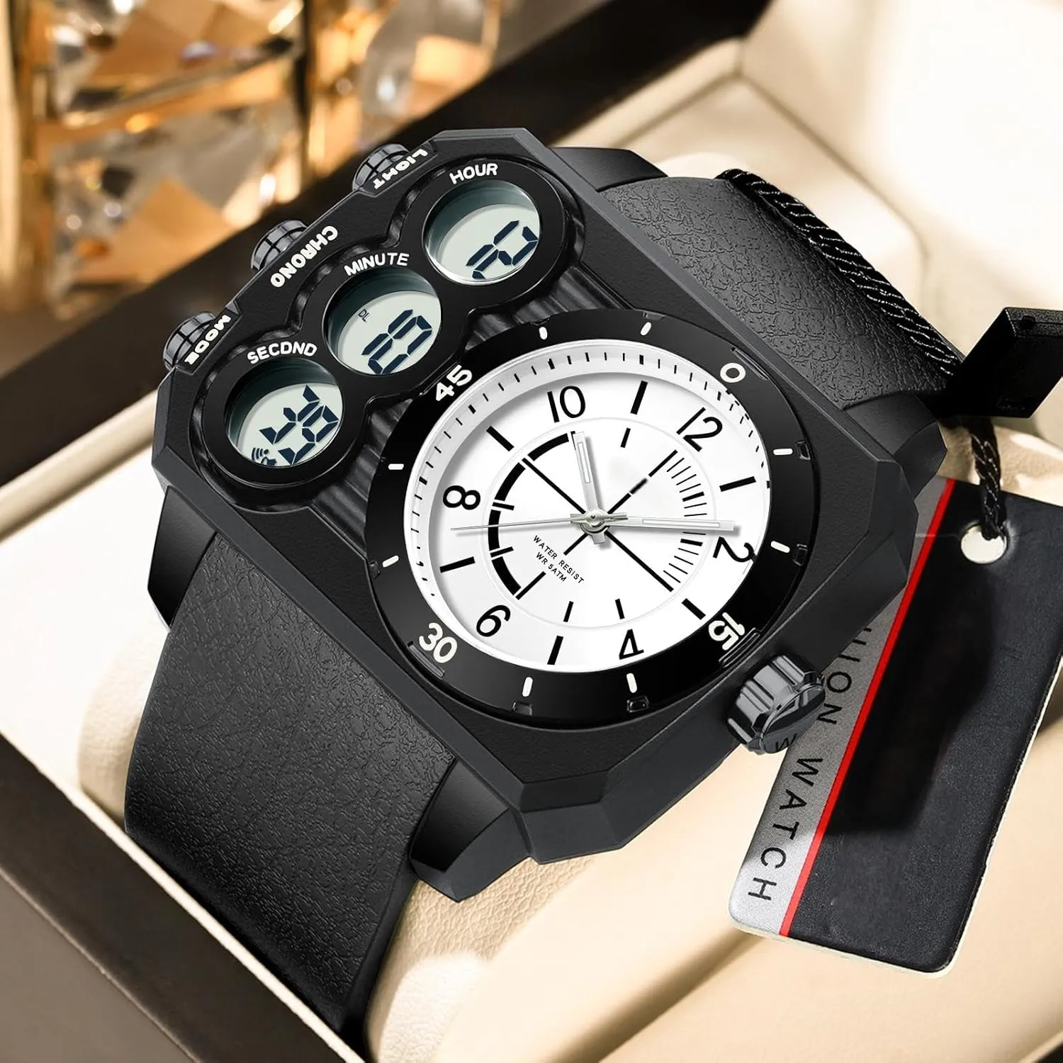Face Watch for Men Square Large Face Cool Mens Watches with Three Time Zone Countdown Alarm LED genotype near decree instead defender trivial Stopwatch Unique Cool Wristwatch findtime Big 