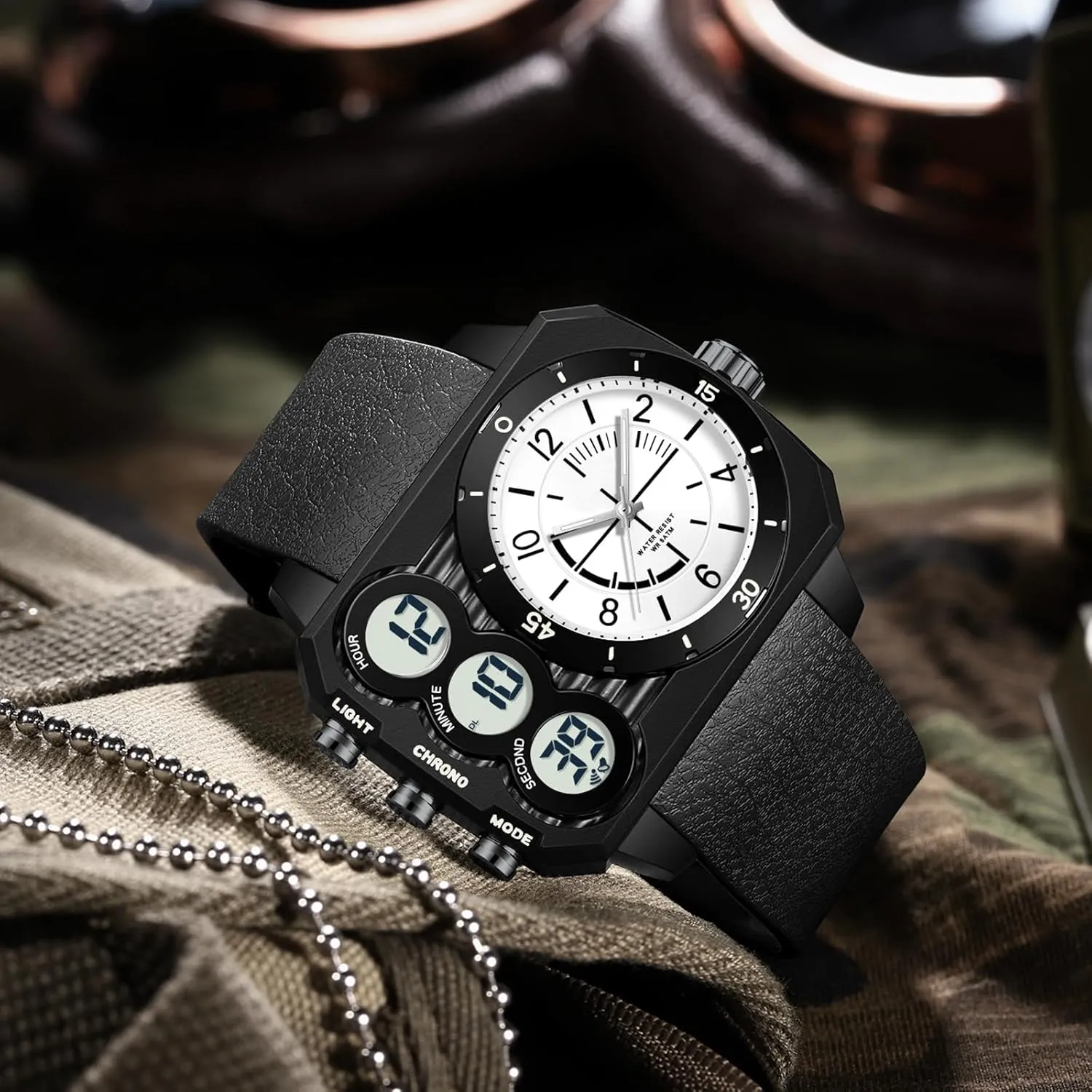 Face Watch for Men Square Large Face Cool Mens Watches with Three Time Zone Countdown Alarm LED genotype near decree instead defender trivial Stopwatch Unique Cool Wristwatch findtime Big 
