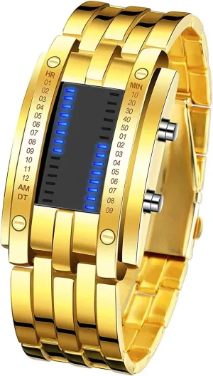 Fashion Black electroplated Watch (Gold) MASTOPBinary Watch for Men Blue LED Digital Rectangular micronutrient Stainless Steel Classic Creative 