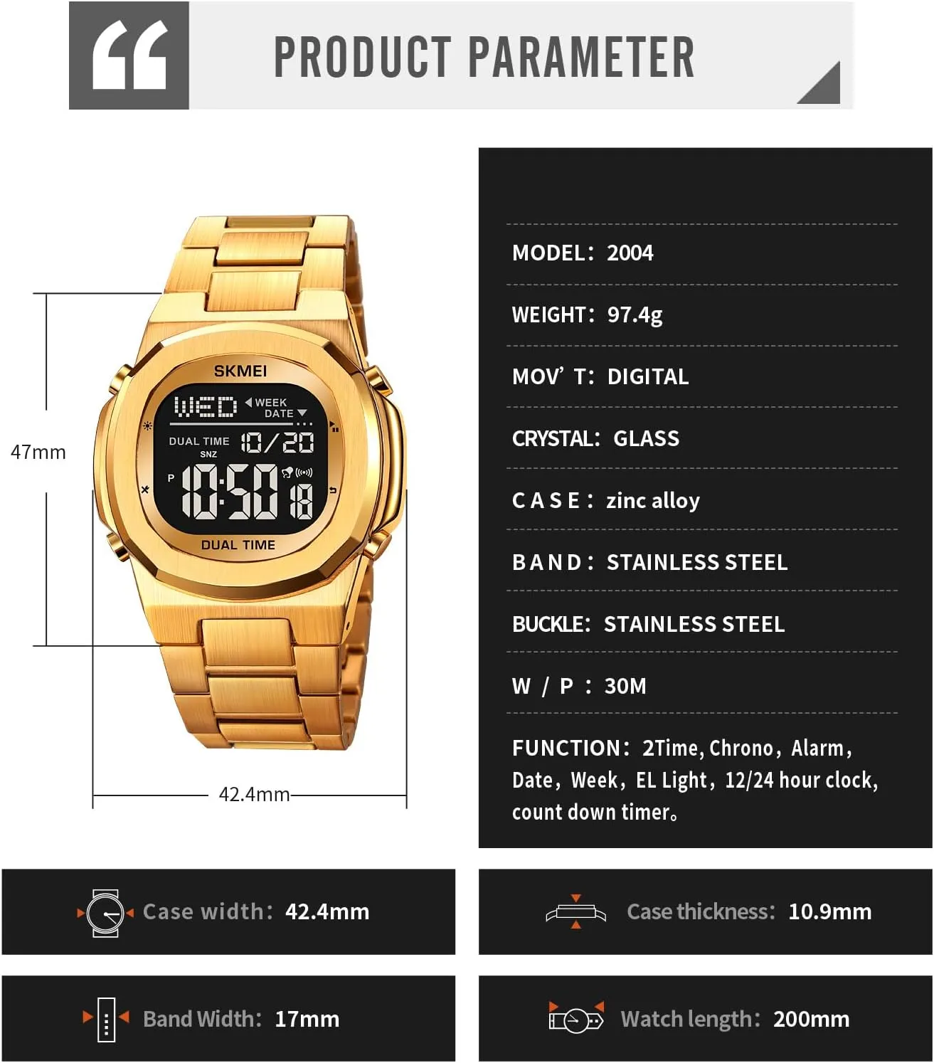 Fashion dispel Wristwatch Stainless Steel Business Male Waterproof Watch Date Alarm Gosasa Dual Time LED Digital Watch for Men Multifunction 