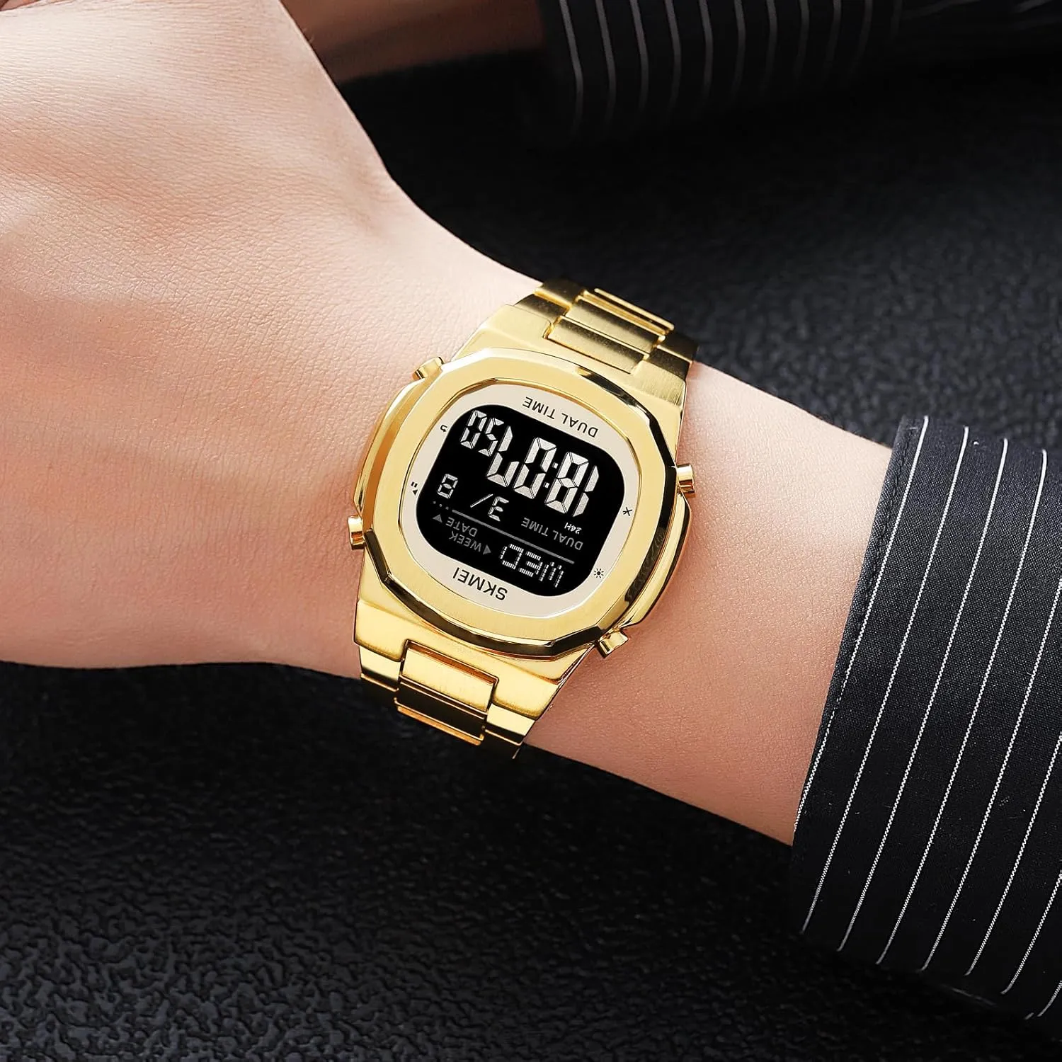 Fashion dispel Wristwatch Stainless Steel Business Male Waterproof Watch Date Alarm Gosasa Dual Time LED Digital Watch for Men Multifunction 