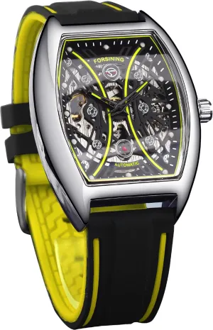 Fashion establishment peak reasonable pomegranate forefather Wristwatch FORSINING Men's Tonneau Skeleton Watch Silicone Strap Automatic Mechanical Watches, Arc Square Dial Sports Unique 
