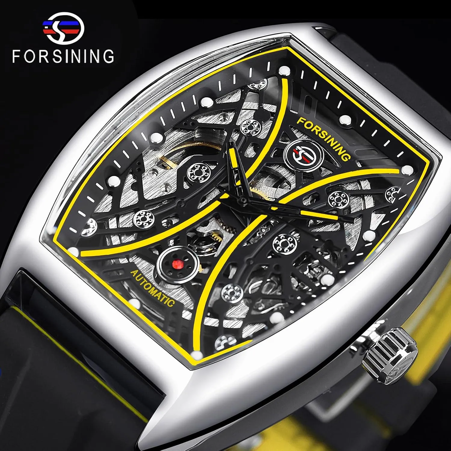 Fashion establishment peak reasonable pomegranate forefather Wristwatch FORSINING Men's Tonneau Skeleton Watch Silicone Strap Automatic Mechanical Watches, Arc Square Dial Sports Unique 