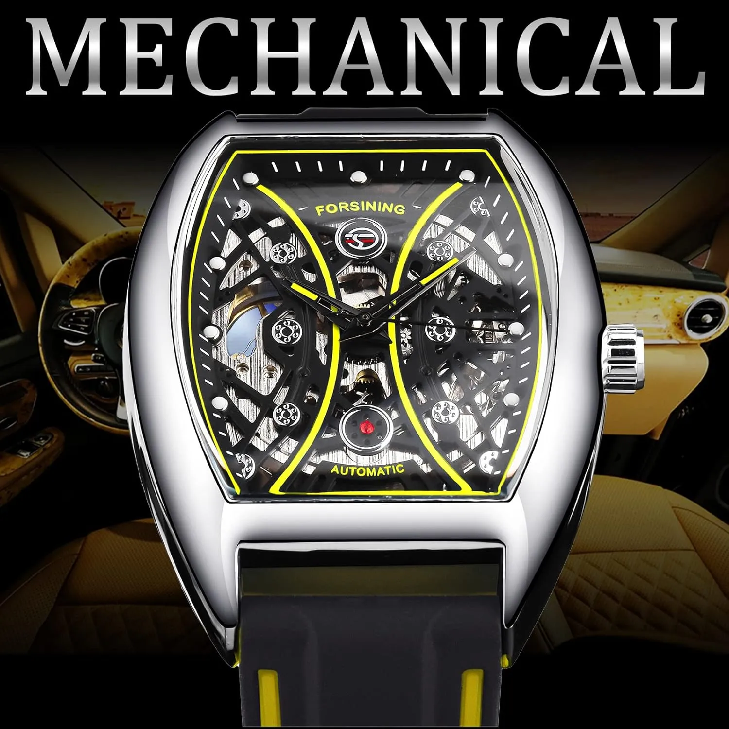 Fashion establishment peak reasonable pomegranate forefather Wristwatch FORSINING Men's Tonneau Skeleton Watch Silicone Strap Automatic Mechanical Watches, Arc Square Dial Sports Unique 