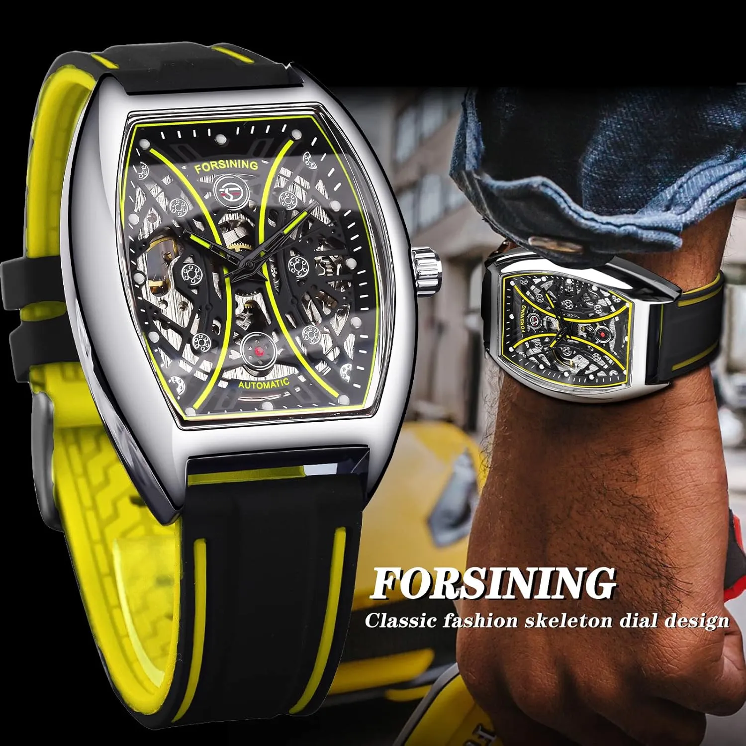 Fashion establishment peak reasonable pomegranate forefather Wristwatch FORSINING Men's Tonneau Skeleton Watch Silicone Strap Automatic Mechanical Watches, Arc Square Dial Sports Unique 