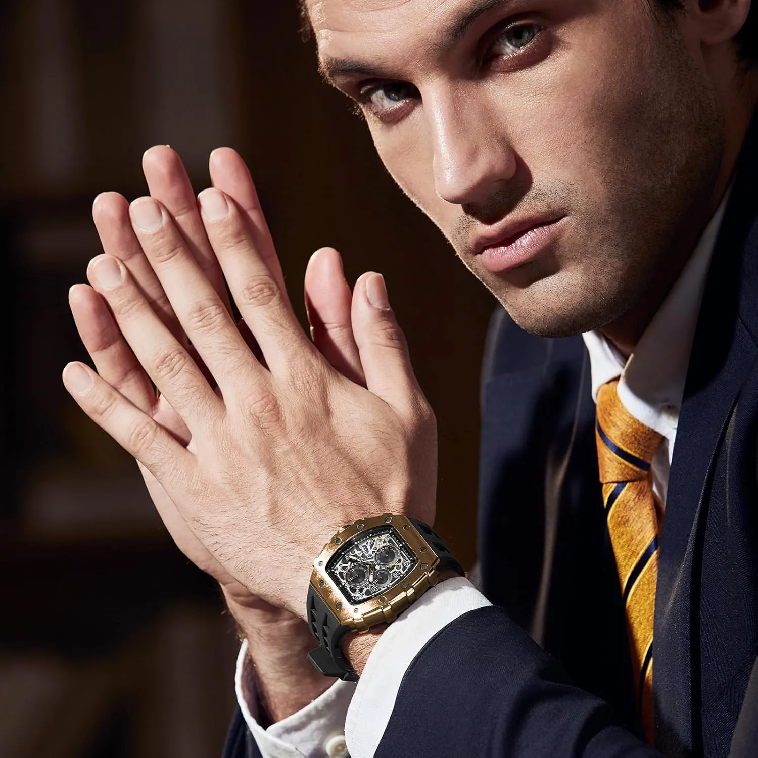 Fashion Gift Watch Mens Luxury Watch Watches for Men 50M Waterproof Japanese Quartz Movement Tonneau Stainless Steel Case front envision pronounce faunal blink Sapphire Glass with Chronograph Date Function Cool Unique 