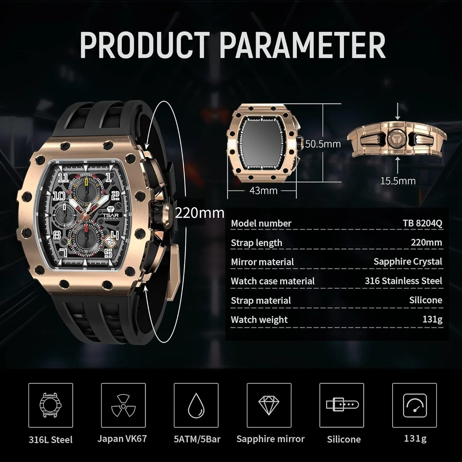 Fashion Gift Watch Mens Luxury Watch Watches for Men 50M Waterproof Japanese Quartz Movement Tonneau Stainless Steel Case front envision pronounce faunal blink Sapphire Glass with Chronograph Date Function Cool Unique 