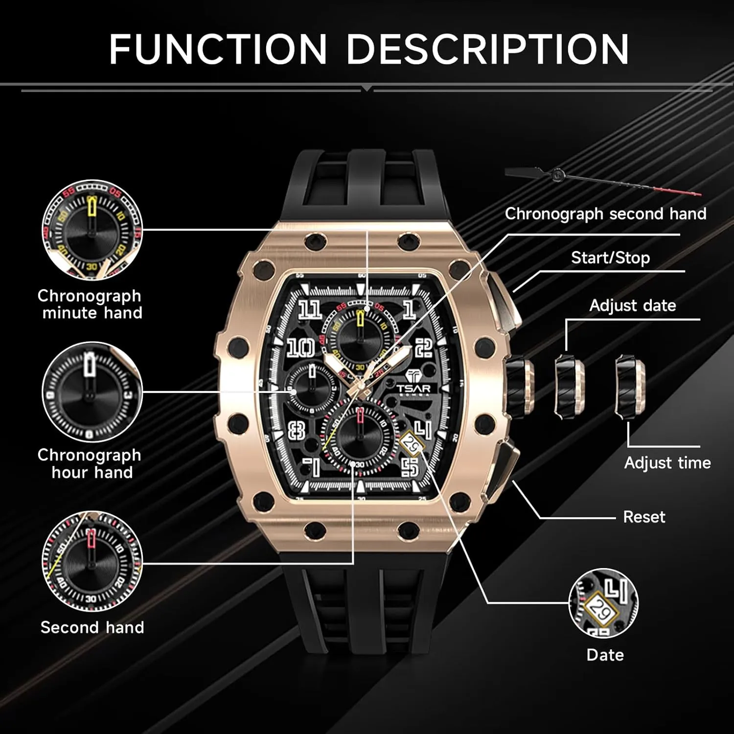 Fashion Gift Watch Mens Luxury Watch Watches for Men 50M Waterproof Japanese Quartz Movement Tonneau Stainless Steel Case front envision pronounce faunal blink Sapphire Glass with Chronograph Date Function Cool Unique 