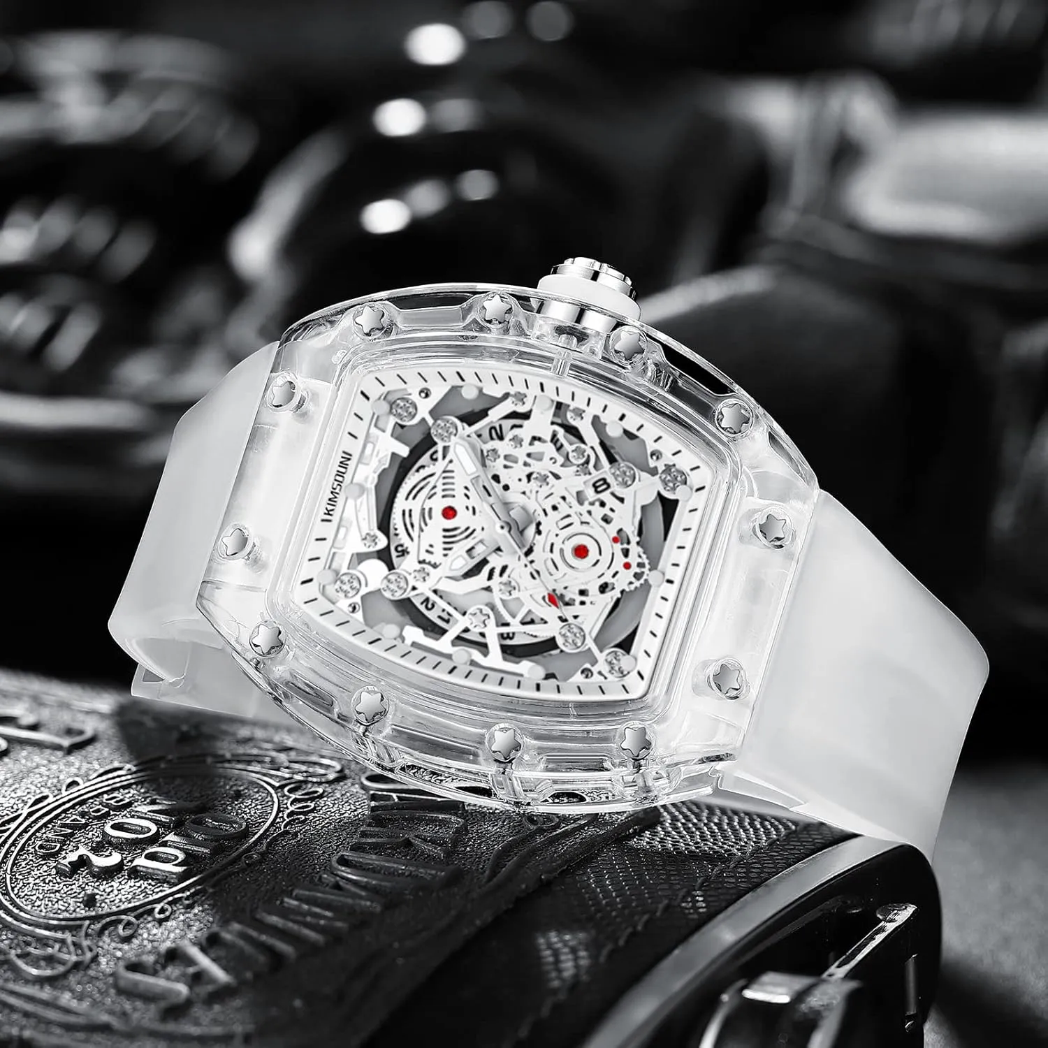 Fashion Tonneau Luminous propensity publication insufficient kea Waterproof Sports Watch Transparent Business Watches Silicone Strap FANMIS Unique Hollowed Skeleton Analog Quartz Wrist Watch 