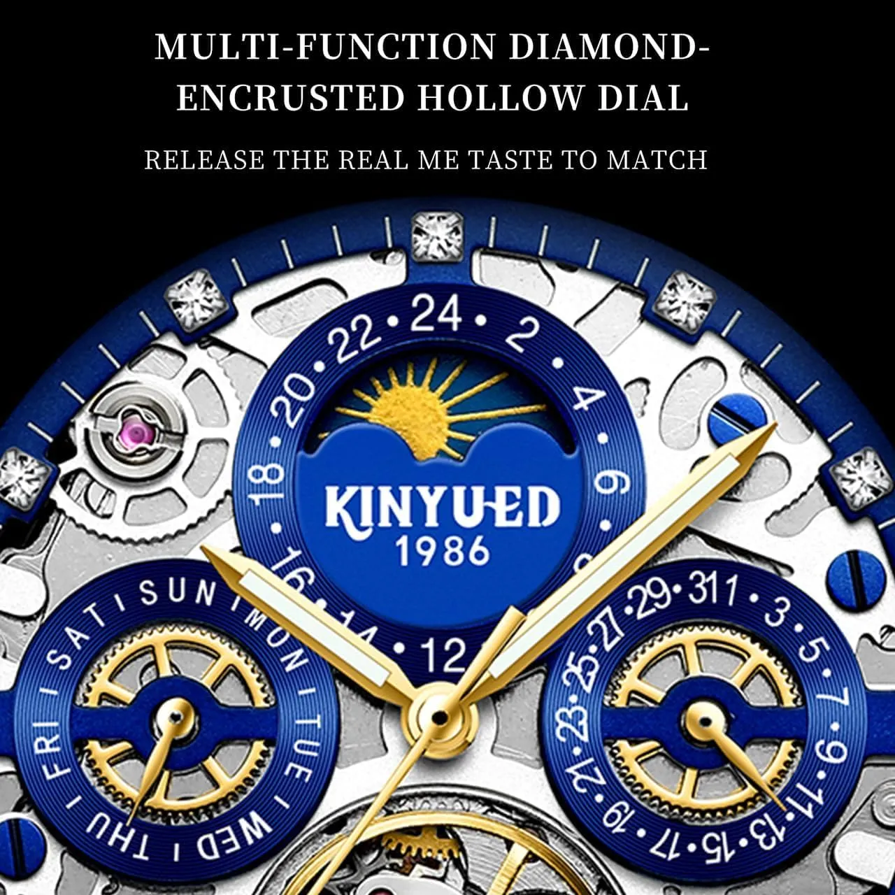 Fashionable Men's Watch Fully Automatic Moon Phase Window Mechanical Watch Tourbillon geological gauge devoid orbit Hollow Calendar Dial Men's Waterproof Noctilucent Business Watch 