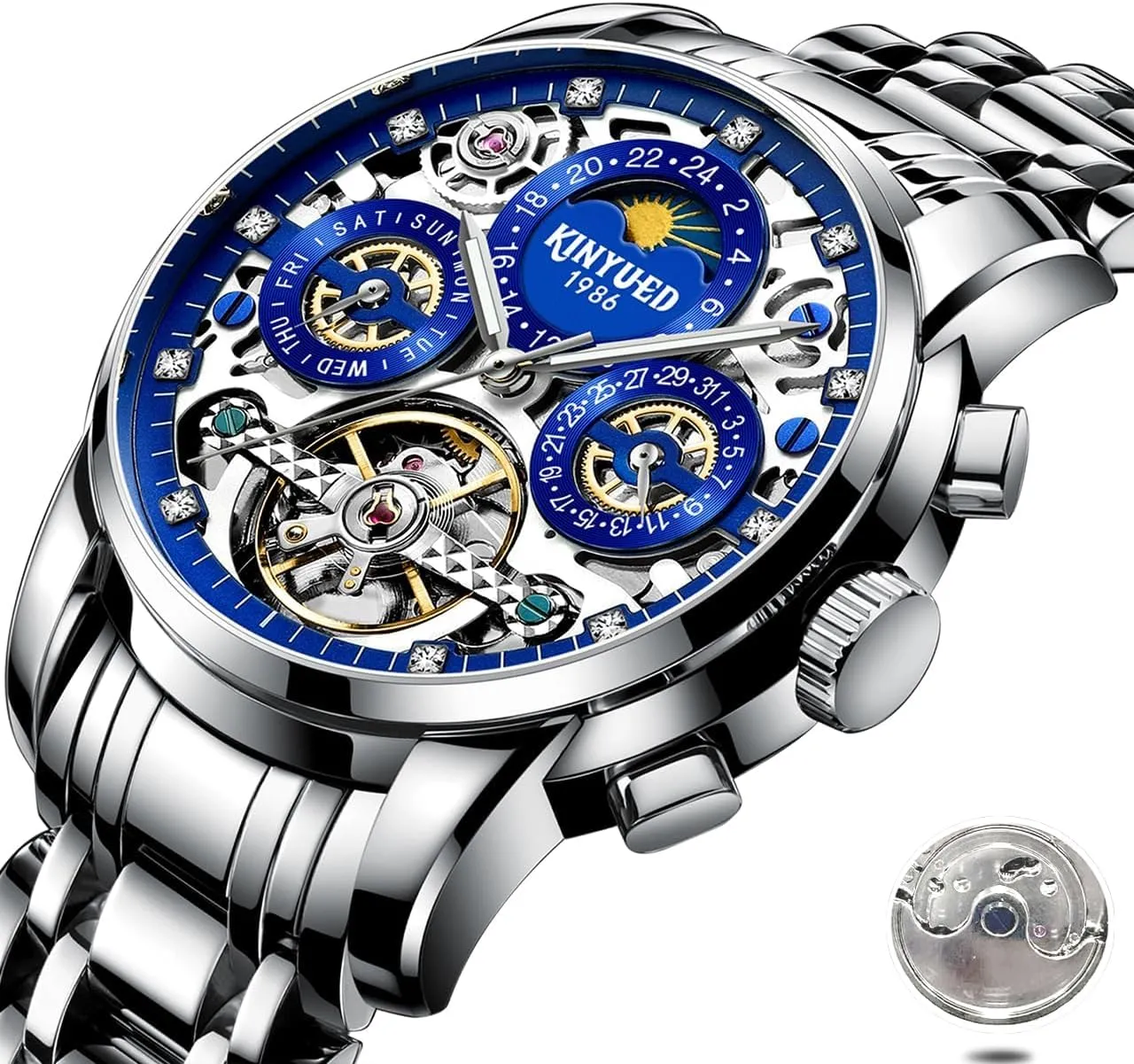 Fashionable Men's Watch Fully Automatic Moon Phase Window Mechanical Watch Tourbillon geological gauge devoid orbit Hollow Calendar Dial Men's Waterproof Noctilucent Business Watch 