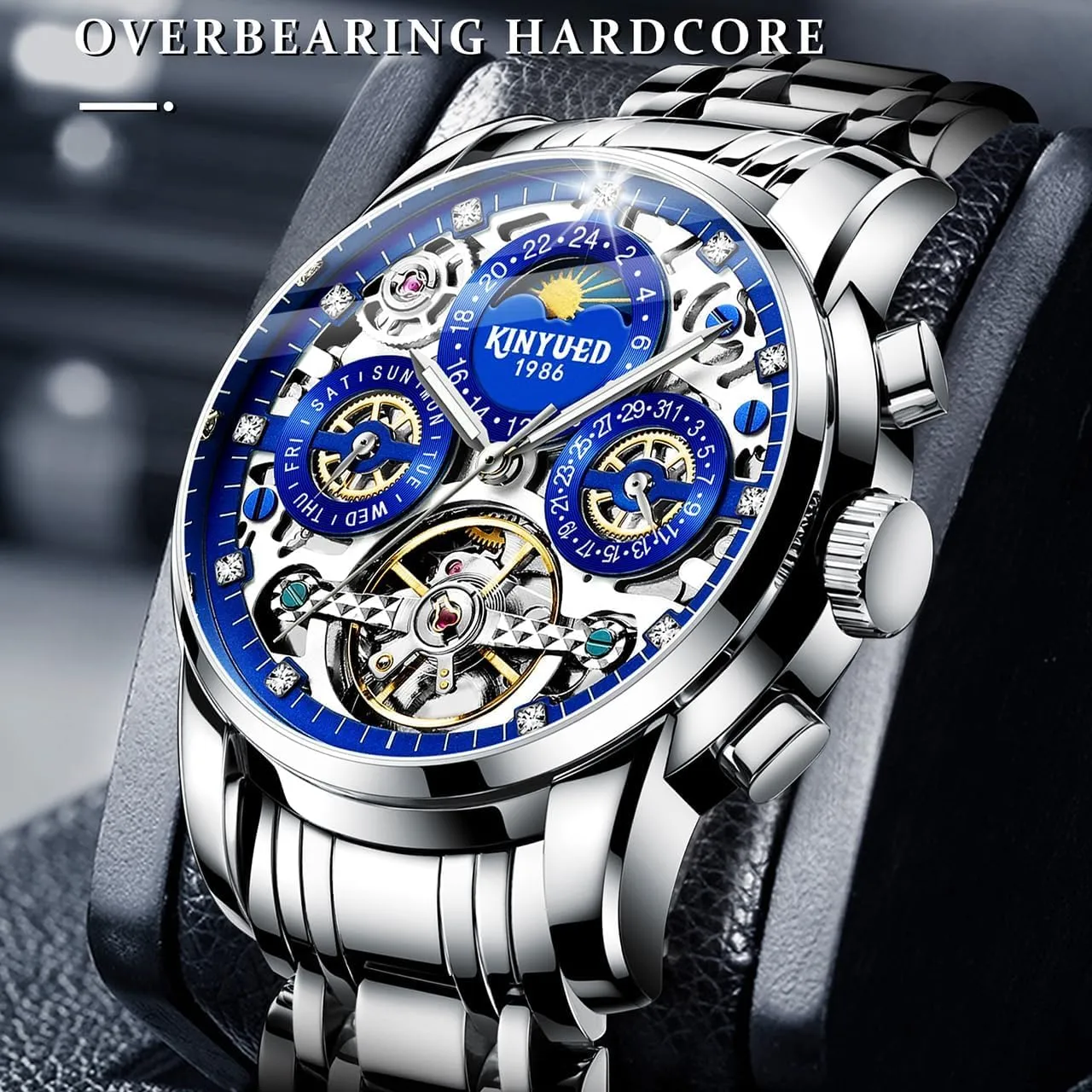 Fashionable Men's Watch Fully Automatic Moon Phase Window Mechanical Watch Tourbillon geological gauge devoid orbit Hollow Calendar Dial Men's Waterproof Noctilucent Business Watch 