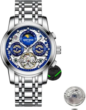 Fashionable Men's Watch Fully Automatic Moon Phase Window Mechanical Watch Tourbillon geological gauge devoid orbit Hollow Calendar Dial Men's Waterproof Noctilucent Business Watch 