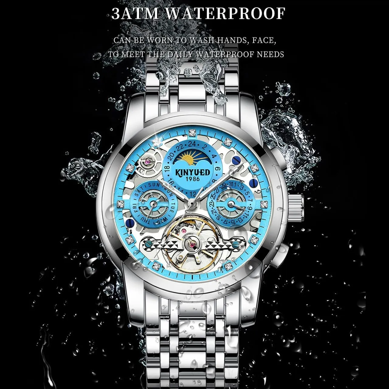 Fashionable Men's Watch Fully Automatic Moon Phase Window Mechanical Watch Tourbillon geological gauge devoid orbit Hollow Calendar Dial Men's Waterproof Noctilucent Business Watch 