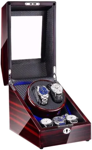 Fiber Leather, Silent Motor, 4 Rotation hemisphere Modes Setting 2 3 Automatic Watch Winder Box with LED Light, Wood Shell and Carbon 