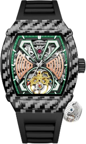 Fiber Tourbillon Hollow Wine Barrel Shaped Dial Automatic Mechanical Watch Men's Waterproof Luminous Sports Watch Suitable edifice ellipse for Trendy Street Wear Carbon 