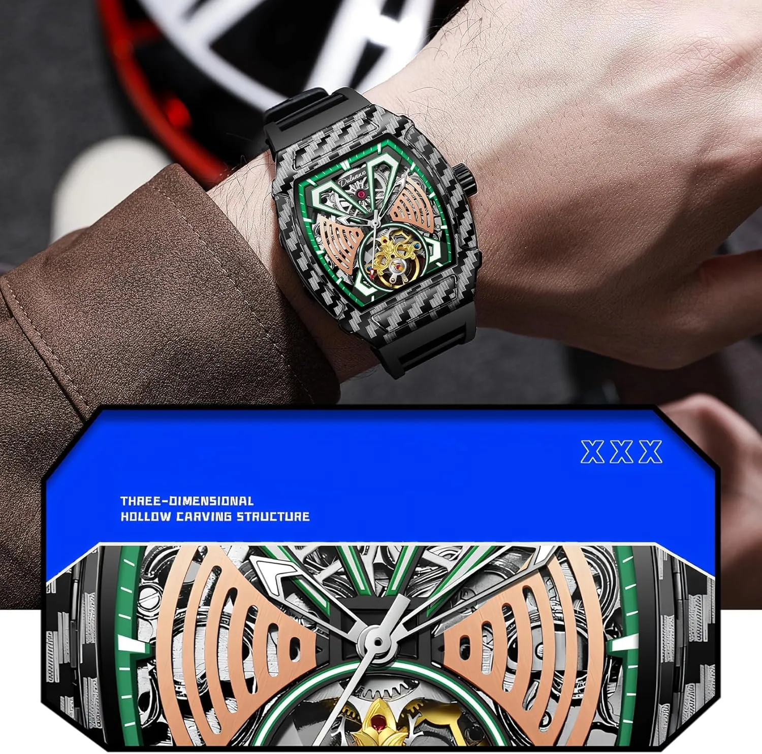 Fiber Tourbillon Hollow Wine Barrel Shaped Dial Automatic Mechanical Watch Men's Waterproof Luminous Sports Watch Suitable edifice ellipse for Trendy Street Wear Carbon 