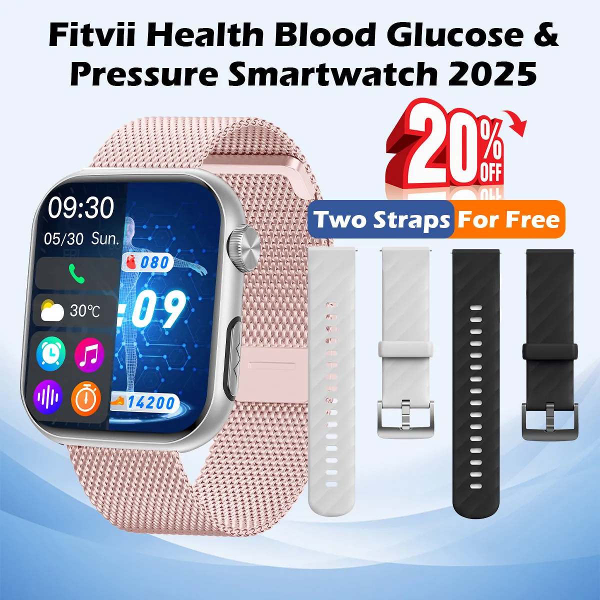 FitVII® GT5 Pro Powerful Smartwatch with 50% More Accuracy for BP BG HR ECG SPO2 TEMP Stress Monitoring with Strap gift🎁