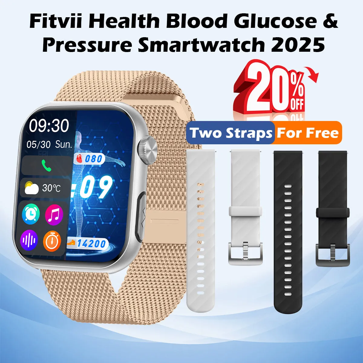 FitVII® GT5 Pro Powerful Smartwatch with 50% More Accuracy for BP BG HR ECG SPO2 TEMP Stress Monitoring with Strap gift🎁